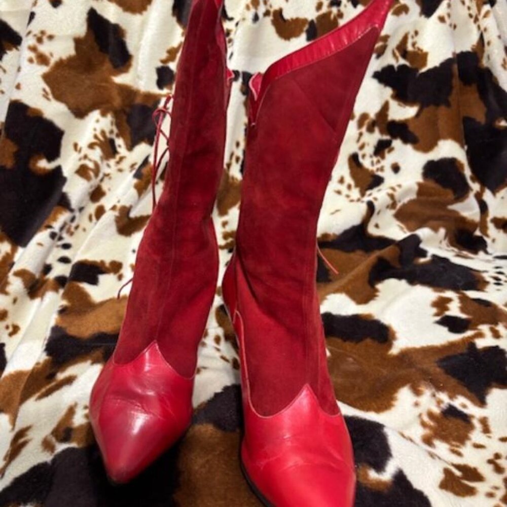Peter Fox Victorian style vintage red l eather and suede lace up boots 9-1/2 B